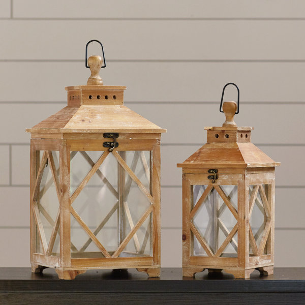 Loon Peak® 2 Piece Evansville Tall Wood Candle Lantern Set & Reviews Wayfair